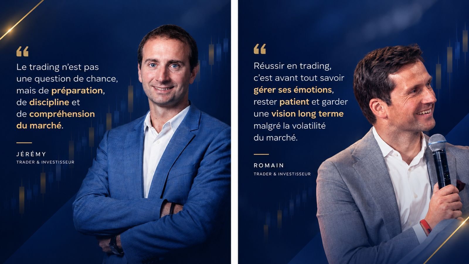 Jérémy Blackwell et Romain Gougeon, traders et investisseurs, avec leurs citations sur la préparation, la discipline et la gestion des émotions en trading